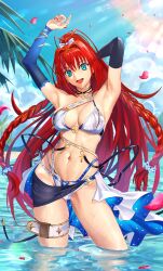 1girl absurdres aozaki_aoko armpits arms_up bare_shoulders beach bikini black_sarong blue_eyes braid breasts cleavage cowboy_shot harukey high_ponytail highres large_breasts long_hair looking_at_viewer mahou_tsukai_no_yoru navel ocean open_mouth ponytail red_hair sarong side_braids smile solo sunlight super_aoko swimsuit thighs tsukihime very_long_hair white_bikini