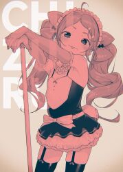Rule 34 | 1girl, :p, ahoge, bare shoulders, blush, bow, character name, closed mouth, cowboy shot, dot nose, dress, elbow gloves, gloves, grey background, hair bow, hair ornament, hairclip, henreader, highres, kyou kara ore wa loli no himo!, long hair, looking at viewer, maid headdress, monochrome, outstretched arms, rabbit tail, red theme, sleeveless, solo, tail, tanzawa chizuru, tareme, thighhighs, tongue, tongue out, twintails, white background, zettai ryouiki