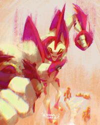 2boys absurdres alien ben_10 chromatic_aberration clenched_hands colored_skin commentary enagatori_38 english_commentary giant green_eyes highres holding looking_at_another motion_blur multiple_boys no_humans omnitrix open_mouth punching robot science_fiction signature vilgax way_big yellow_skin