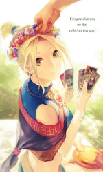 1girl aruk bare_shoulders blonde_hair capelet card earrings green_eyes jewelry long_hair looking_up necklace rune_ii solo_focus surprised tara_grimface wreath