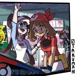 1boy 3girls absurdres arcade bandana baseball_cap bike_shorts_under_skirt black_pantyhose black_vest blue_eyes blue_jacket breasts brown_eyes brown_hair clefairy creatures_(company) denim denim_shorts double_bun donut_hair_bun exposed_pocket game_freak gen_1_pokemon gloves hair_bun hat high_ponytail highres hilbert_(pokemon) hilda_(pokemon) jacket long_hair long_sleeves may_(pokemon) medium_breasts multiple_girls nintendo otakuman pantyhose pantyhose_under_shorts pikachu pinball poke_ball_print pokemon pokemon_bw pokemon_bw2 pokemon_pinball pokemon_rse pokken_tournament ponytail raglan_sleeves red_bandana red_shirt rosa_(pokemon) shirt short_hair short_shorts short_sleeves shorts sidelocks sleeveless small_breasts substitute_(pokemon) twintails vest visor_cap white_shirt wristband yellow_shorts