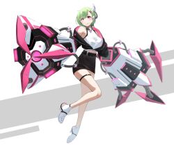 1girl armpit_crease bare_legs bare_shoulders belt black_belt black_jacket black_skirt black_trim breasts chiko-chan_(morros) clawed_gauntlets closed_mouth commentary_request earpiece full_body green_hair grey_background hair_ornament hairclip headgear highres huge_weapon jacket light_blush looking_at_viewer mechanical_hands medium_hair midriff_peek miniskirt morros o-ring o-ring_thigh_strap off_shoulder original power_fist red_eyes shirt shoes simple_background skirt smile solo swept_bangs thigh_strap tube two-tone_background weapon white_background white_shirt white_shoes