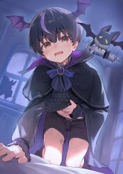 1boy ankle_socks ascot bandaid_on_thigh bat_(animal) bat_wings belt black_ascot black_belt black_capelet black_hair black_shorts blue_bow blue_bowtie bow bowtie broken_window brooch capelet child cocolo_(co_co_lo) collar colored_sclera commentary_request crying crying_with_eyes_open fang frilled_ascot frilled_collar frills furrowed_brow glass hair_ornament halloween high_collar highres holding holding_syringe hungry indoors jewelry kneeling long_sleeves looking_at_viewer male_focus multicolored_hair on_bed open_mouth original purple_hair purple_socks purple_theme red_eyes saliva short_hair shorts skin_fang socks solo streaked_hair syringe tears tongue trap vampire window wing_hair_ornament wings yellow_sclera