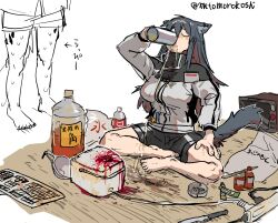 2girls alcohol animal_ears arknights ashtray barefoot black_hair black_shorts blood blood_splatter bottle breasts colored_inner_hair computer_keyboard cup dirty dirty_clothes drinking drunk full_body grey_jacket hand_on_own_thigh hand_up head_back highres holding holding_cup indian_style jacket jug_(bottle) lappland_(arknights) large_breasts long_hair material_growth messy microwave multicolored_hair multiple_girls mutomorokoshi nervous_sweating oripathy_lesion_(arknights) partially_colored power_cord power_strip red_hair rice_cooker short_shorts shorts simple_background sitting spilling standing sweat tail texas_(arknights) twitter_username wolf_ears wolf_girl wolf_tail