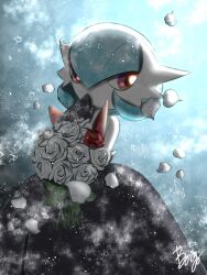 1girl alternate_color artist_name backlighting bare_shoulders baya_(sakura_mint) black_dress black_gloves blue_background blue_hair bob_cut bouquet colored_skin covering_own_mouth dress elbow_gloves falling_petals female_focus flower gardevoir gen_3_pokemon gloves hair_between_eyes hand_up holding holding_bouquet long_dress looking_to_the_side mega_gardevoir mega_pokemon nintendo odd_one_out petals pokemon pokemon_(creature) red_eyes red_flower red_rose rose shiny_pokemon short_hair signature solo standing strapless strapless_dress white_flower white_rose white_skin