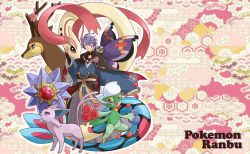 10s 1boy chori_(niisan) creatures_(company) crossover egasumi espeon flower game_freak gen_1_pokemon gen_2_pokemon gen_3_pokemon gen_4_pokemon gen_5_pokemon gen_6_pokemon grey_eyes japanese_clothes kasen_kanesada male_focus milotic nintendo patterned_background pokemon pokemon_(creature) purple_hair red_eyes rose roserade sawsbuck sawsbuck_(spring) staryu touken_ranbu vivillon vivillon_(elegant)