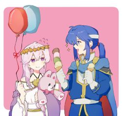 1boy 1girl :d armor balloon belt blue_cape blue_eyes blue_hair blue_tunic border brother_and_sister cape closed_mouth cowboy_shot crossed_bangs double-parted_bangs dress earrings fire_emblem fire_emblem:_genealogy_of_the_holy_war flying_sweatdrops gloves hair_between_eyes hair_intakes half-siblings headband high_collar holding holding_balloon holding_ice_cream_cone holding_stuffed_toy ice_cream_cone jewelry julia_(fire_emblem) long_hair long_sleeves looking_at_another neeeeeeega_2025 nintendo off-shoulder_dress off_shoulder open_mouth outside_border pauldrons pink_background ponytail purple_eyes purple_hair red_cape seliph_(fire_emblem) shoulder_armor siblings sidelocks smile sparkle sparkling_eyes stuffed_animal stuffed_rabbit stuffed_toy tunic two-sided_cape two-sided_fabric white_belt white_border white_dress white_gloves white_headband wide_sleeves