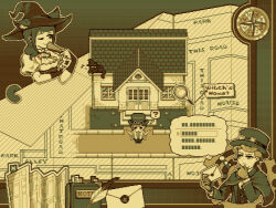 2girls ? animal_ear_fluff animal_ears animal_hat arrow_(symbol) ascot black_bridal_gauntlets boater_hat bookmark border bridal_gauntlets buttons capelet cat cat_ears cat_hat cat_tail chibi closed_mouth collared_shirt compass compass_rose corset cropped_torso dashuizzz dialogue_options dithering eighth_note english_text eyewear_on_headwear fake_screenshot flipped_hair gameplay_mechanics garden gears gloves goggles hair_over_shoulder hanayagi_kaoruko hand_fan hand_on_own_arm hand_on_own_chin hand_rest hand_up hat highres holding holding_fan holding_letter house image_in_thought_bubble isurugi_futaba jacket letter limited_palette long_sleeves magnifying_glass map map_(object) medium_hair monochrome multiple_girls multiple_views musical_note notebook one_eye_closed ornate_border outline pixel_art puffy_short_sleeves puffy_sleeves quill raised_eyebrows road scanlines sepia shirt short_hair short_sleeves shoujo_kageki_revue_starlight sidelocks sideways_glance sign smile speech_bubble spoken_musical_note spoken_question_mark street tail thinking thought_bubble wavy_hair white_outline witch_hat