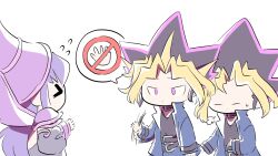 Rule 34 | 1girl, 2boys, black dress, black hair, black shirt, blonde hair, blue jacket, breasts, dark magician, dress, duel monster, genderswap, genderswap (mtf), hat, highres, jacket, large breasts, long hair, medium hair, multicolored hair, multiple boys, muto yugi, purple eyes, purple hair, purple hat, shirt, simple background, spiked hair, white background, yami yugi, yu-gi-oh!, yu-gi-oh! duel monsters, zackpyo