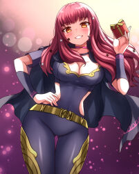 1girl belt black_cape blush bodysuit box breasts cape choker cleavage clothing_cutout facial_mark fire_emblem fire_emblem_engage gift gift_box gold_belt hair_ornament highres holding holding_gift large_breasts long_hair looking_at_viewer multicolored_cape nintendo open_mouth pink_choker purple_bodysuit red_eyes red_hair side_cutout smile solo star_(symbol) star_facial_mark star_hair_ornament teeth two-tone_cape yellow_belt yozu_(yozu0420) yunaka_(fire_emblem)