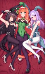 Rule 34 | 3girls, absurdres, animal ears, aqua eyes, black hair, black pantyhose, blush, chawan (yultutari), commentary request, flat chest, four-finger heart hands, full body, heart, heart hands, high heels, highres, horse girl, horse tail, leotard, long hair, looking at viewer, lying, manhattan cafe (umamusume), mejiro mcqueen (umamusume), multiple girls, on back, orange hair, pantyhose, playboy bunny, purple eyes, purple hair, rabbit ears, silence suzuka (umamusume), smile, tail, umamusume, white pantyhose, yellow eyes