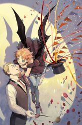 1boy 1girl :d black_wings blonde_hair blue_eyes blue_thighhighs breasts brown_dress brown_shoes candy character_request cleavage confetti copyright_request demon_wings dress fangs food hat high_heels highres holding_necktie imam_(oozlo) jewelry korean_commentary lollipop long_sleeves low_wings magician necklace necktie off_shoulder open_mouth orange_hair red_necktie shadow shoes smile spotlight string_of_flags thick_eyebrows thighhighs top_hat wings wrapped_candy