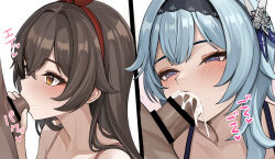 1boy 2girls amber_(genshin_impact) bar_censor black_hairband blue_hair blush brown_eyes brown_hair censored commentary_request cum cum_overflow dark-skinned_male dark_skin eula_(genshin_impact) fellatio genshin_impact hair_between_eyes hair_ornament hairband half-closed_eyes hetero long_hair multiple_girls oral paid_reward_available penis portrait purple_eyes red_hairband se34tai simple_background spaghetti_strap translation_request white_background
