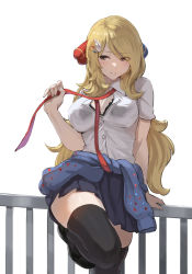 1girl against_fence alternate_costume arm_support black_skirt black_thighhighs blonde_hair blush breasts buttons cleavage clothes_around_waist collared_shirt commentary cynthia_(pokemon) eyelashes fence gen_4_pokemon grey_eyes hair_ornament hand_up highres holding_necktie jojobirdz leg_up long_hair necktie nintendo parted_lips pleated_skirt pokemon pokemon_(creature) pokemon_dppt red_necktie shirt short_sleeves skirt solo sweater sweater_around_waist thighhighs togekiss undone_necktie white_background white_shirt