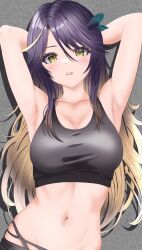 1girl alternate_costume armpits black_sports_bra blonde_hair blush breasts commentary_request commission feather_hair_ornament feathers gradient_hair grey_background hair_between_eyes hair_ornament highres large_breasts lips long_hair looking_at_viewer lua_asuka midriff multicolored_hair navel pixiv_commission presenting_armpit production_kawaii purple_hair solo sports_bra streaked_hair twintails virtual_youtuber wakaunderblade7 yellow_eyes
