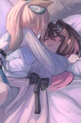 2girls after_kiss artist_request azki_(4th_costume)_(hololive) azki_(hololive) blonde_hair blush brown_hair check_artist colored_inner_hair commentary fang flower hair_flower hair_ornament hairclip highres hololive kazama_iroha kazama_iroha_(1st_costume) long_hair mole mole_under_eye multicolored_hair multiple_girls nangong_0210 official_alternate_costume open_mouth pink_hair ponytail purple_eyes saliva saliva_trail skin_fang symbol-only_commentary tongue virtual_youtuber yuri