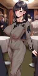1girl absurdres bikini blue_eyes blurry blurry_background blush breasts commentary_request covered_navel curtains dress earrings female_pubic_hair formal_clothes gold_bikini highres hoop_earrings indoors jack_dempa jewelry large_breasts large_variant_set long_hair long_sleeves looking_at_viewer miyamae_shiho_(jack_dempa) mole mole_under_eye multiple_boys naked_dress navel nipples open_mouth original parted_bangs pubic_hair revealing_clothes see-through_clothes see-through_dress smile solo_focus standing suit swimsuit table thighs variant_set