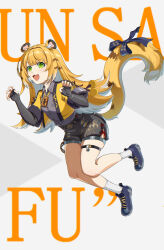 1girl absurdres animal_ears black_gloves black_shirt black_shorts blonde_hair blue_bow blue_shoes bow claw_pose cropped_jacket elbow_gloves fingerless_gloves gloves green_eyes highres jacket ju_fufu looking_at_viewer multicolored_hair rywy2524 shirt shoes shorts smile socks solo tail tail_bow tail_ornament thigh_strap tiger_ears tiger_girl tiger_tail two-tone_hair white_hair white_socks yellow_jacket zenless_zone_zero