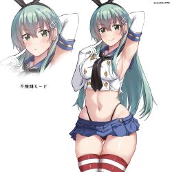 Rule 34 | 1girl, aqua hair, black hairband, black neckerchief, black panties, blue sailor collar, blue skirt, commentary request, cosplay, cowboy shot, crop top, elbow gloves, gloves, green eyes, hairband, highleg, highleg panties, highres, kantai collection, long hair, microskirt, miniskirt, mizuki (uzuki no sato), neckerchief, panties, pleated skirt, sailor collar, shimakaze (kancolle), shimakaze (kancolle) (cosplay), shirt, simple background, skirt, sleeveless, sleeveless shirt, smile, solo, striped clothes, striped thighhighs, suzuya (kancolle), thighhighs, translation request, twitter username, underwear, upper body, white background, white gloves