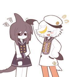 2girls anchor_symbol bird_girl bird_tail black_sailor_collar black_sclera blue_sailor_collar blush_stickers buttons cetacean_tail closed_mouth colored_sclera dolphi_(funamusea) dolphin_girl dot_nose dress fins fish_tail flying_sweatdrops funamusea grey_hair hand_on_own_arm hat head_fins height_difference highres memoca_(funamusea) multicolored_hair multiple_girls oounabara_to_wadanohara open_mouth orange_hair orange_pantyhose pantyhose pipiikki sailor sailor_collar sailor_dress sailor_hat shaded_face short_hair simple_background single_blush_sticker smug streaked_hair tail white_background white_eyes white_hair white_hat