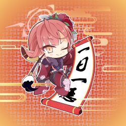 1girl ;) aru_(blue_archive) aru_(new_year)_(blue_archive) blue_archive blunt_bangs blush_stickers calligraphy_brush chibi closed_mouth commentary demon_girl demon_horns floral_print floral_print_kimono flower full_body fur-trimmed_kimono fur_trim furisode fuyou_lev hair_flower hair_on_horn hair_ornament halo hands_up highres holding holding_calligraphy_brush holding_paintbrush holding_scroll horns ink japanese_clothes kanzashi kimono leaf_hair_ornament long_hair long_sleeves looking_at_viewer official_alternate_costume one_eye_closed orange_background orange_eyes paintbrush pink_hair pink_halo print_kimono red_flower red_kimono scroll simple_background slit_pupils smile solo v-shaped_eyebrows wide_sleeves