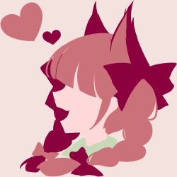 Rule 34 | 1girl, animal ears, black bow, blunt bangs, bow, braid, cat ears, extra ears, from side, hair bow, heart, highres, kaenbyou rin, maskin mei, minimalism, open mouth, pink background, red hair, simple background, solo, touhou, twin braids