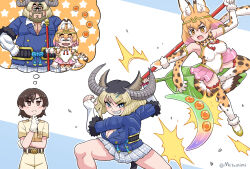Rule 34 | 1boy, 2girls, alternate costume, animal ears, bare shoulders, belt, black belt, black fur, black hair, blonde hair, blue eyes, blue jacket, blush, bow, bowtie, breasts, captain (kemono friends), cat ears, cat girl, cat tail, cellien (kemono friends), circlet, cosplay, cow ears, cow girl, cow horns, cow tail, cutoffs, dragon ball, dragon ball (classic), elbow gloves, fingerless gloves, flats, fur trim, gloves, golden snub-nosed monkey (kemono friends), golden snub-nosed monkey (kemono friends) (cosplay), gyaru, gyumaou (kemono friends), gyuu maou, hair between eyes, hair ornament, hairpin, horns, jacket, kemono friends, kemono friends 3, kogal, large areolae, leotard, looking at viewer, metamimi, multicolored hair, multiple girls, pink skirt, pleated skirt, print bow, print bowtie, print leotard, print thighhighs, serval (kemono friends), shoes, short hair, short sleeves, showgirl skirt, sidelocks, skirt, sleeveless, smile, son goku, staff, tail, thighhighs, thinking, white fur, white gloves, white leotard, yellow eyes, yellow shoes, zettai ryouiki