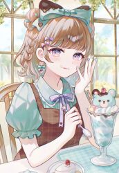 1girl blue_nails bow bowtie brown_dress brown_hair closed_mouth collared_shirt commentary cup dress drinking_glass earrings english_commentary food frilled_sleeves frills green_bow green_shirt hair_bow highres ice_cream ilis_0226 indoors jewelry looking_at_viewer nail_polish original pinafore_dress pink_bow plaid_clothes plaid_dress purple_bow purple_bowtie purple_eyes shirt short_hair short_sleeves sleeveless sleeveless_dress solo tongue tongue_out upper_body