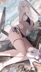 2girls absurdres bare_arms bare_legs bare_shoulders beach beach_chair bikini black_bikini blue_eyes bottle braid breasts cleavage closed_mouth commentary dutch_angle feet_out_of_frame front-tie_bikini_top front-tie_top hair_ribbon highres karya large_breasts long_hair looking_at_viewer lying mole mole_on_breast multi-strapped_bikini_bottom multiple_girls navel on_side original pulling_own_clothes reclining ribbon side-tie_bikini_bottom smile solo_focus stomach strap_pull string_bikini swimsuit thighs wet white_hair