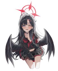Rule 34 | 1girl, ;d, absurdres, ahoge, angel wings, armband, backlighting, between legs, black choker, black hair, black sailor collar, black serafuku, black shirt, black skirt, black wings, blue archive, blush, choker, commentary, couch, crop top, fang, feathered wings, feet out of frame, grey eyes, halo, hand between legs, hand up, highres, ichika (blue archive), index finger raised, indoors, long hair, long sleeves, looking at viewer, low wings, midriff, miniskirt, navel, neckerchief, on couch, one eye closed, open mouth, pleated skirt, red armband, red halo, red neckerchief, sailor collar, school uniform, serafuku, shirt, shj1998z, sitting, skin fang, skirt, smile, solo, sweat, thighs, unusually open eyes, very long hair, window, wings