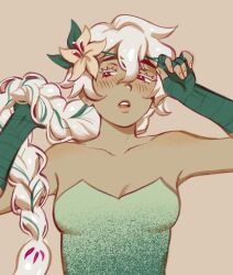 1girl braid cape cookie_run cookie_run:_kingdom dress flower ghostpotion_art gloves green_dress hair_flower hair_ornament highres humanization long_hair looking_at_viewer red_eyes simple_background solo very_long_hair white_background white_flower white_hair white_lily white_lily_cookie