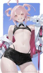 1girl ahoge artist_name bani-lizo bent_v black_bra black_shoes blush bra breasts commentary_request contrapposto cowboy_shot earrings grin hair_rings highres jacket jewelry looking_at_viewer navel off_shoulder open_clothes open_jacket original panty_straps pink_eyes pink_hair shoes short_shorts shorts small_breasts smile solo teeth two-sided_fabric two-sided_jacket underboob underwear v