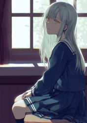 1girl absurdres bang_dream! bang_dream!_it&#039;s_mygo!!!!! blue_shirt blue_skirt closed_mouth commentary_request green_hair hair_ornament hairclip highres indoors kneehighs long_hair long_sleeves on_table pleated_skirt rokudou-j school_uniform shirt sidelocks sitting skirt socks solo table tsukinomori_school_uniform wakaba_mutsumi window yellow_eyes