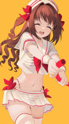 1girl ^_^ absurdres bikini blush brown_hair closed_eyes cropped_shirt facing_viewer highleg highleg_bikini highres holding holding_hose hose idolmaster idolmaster_cinderella_girls kirarin369 miniskirt multicolored_bikini navel one_side_up sailor_collar see-through_clothes see-through_shirt see-through_skirt shimamura_uzuki shirt short_sleeves simple_background skirt sleeves_past_wrists smile solo stomach striped_bikini striped_clothes swimsuit two-tone_bikini white_sailor_collar yellow_background