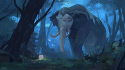 Rule 34 | absurdres, animal, character request, check character, chiikawa, chiikawa (character), commentary request, forest, grass, highres, holding, holding polearm, holding weapon, mammoth, maria (maria rose), nature, night, no humans, outdoors, polearm, tree, weapon