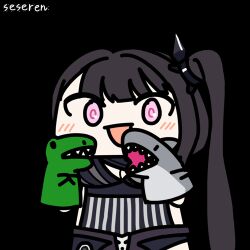 1girl :d animated animated_gif architect_(girls&#039;_frontline) artist_name black_hair blush breasts chibi cleavage dinosaur girls&#039;_frontline hair_ornament hand_puppet long_hair lowres medium_breasts one_side_up open_mouth pink_eyes puppet sangvis_ferri seseren shark simple_background smile solo transparent_background upper_body very_long_hair