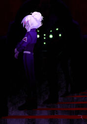 1girl blue_eyes commentary commentary_request dark deux_murasame english_commentary expressionless full_body grey_hair gundam gundam_gquuuuuux highres mecha mecha_pilot_suit mixed-language_commentary mobile_suit normal_suit_(gundam) profile psycho_gundam_(gquuuuuux) robot rustle updo