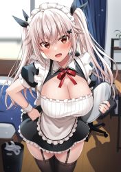Rule 34 | 1girl, alternate costume, apron, bed, black dress, black ribbon, black thighhighs, blurry, blurry background, blush, breasts, butterfly hair ornament, chair, cleavage, collared dress, commentary request, curtains, depth of field, desk, dress, enmaided, etna (kuzuyu), frilled apron, frilled dress, frills, garter straps, hair between eyes, hair ornament, hair ribbon, hand on own hip, highres, holding, holding tray, indoors, komori kuzuyu, long hair, looking at viewer, maid, maid headdress, medium breasts, office chair, open mouth, original, pillow, puffy short sleeves, puffy sleeves, red eyes, ribbon, short sleeves, skindentation, solo, standing, sweat, swivel chair, thighhighs, trash can, tray, twintails, very long hair, white apron, white hair, window, wooden floor, wrist cuffs