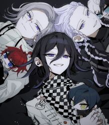 6+boys ahoge aotsuki_eito black_gloves black_hair black_streaks blue_eyes braid buttons checkered_clothes checkered_scarf chibi creator_connection crossover danganronpa_(series) danganronpa_v3:_killing_harmony drawstring glasses gloves grey_hair grey_jacket hair_between_eyes highres holding holding_chibi hood hoodie jacket kuronaka_yo long_hair long_sleeves looking_at_viewer lying male_focus multicolored_hair multiple_boys multiple_crossover oma_kokichi on_back palme310 purple_eyes red_hair saihara_shuichi scarf shirt short_hair smile streaked_hair sumino_takumi the_hundred_line_-last_defense_academy- tribe_nine two-tone_hair white_hair white_hoodie white_jacket yellow_eyes zero_(tribe_nine) zipper