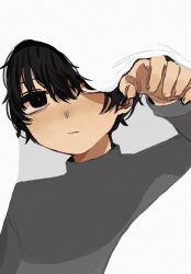 1boy 4rane_tu black_eyes black_hair blending closed_mouth grey_sweater hair_between_eyes hand_up highres long_sleeves looking_at_viewer male_focus mole mole_under_eye original simple_background solo sweater turtleneck turtleneck_sweater under_covers upper_body