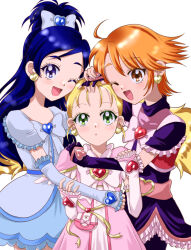 3girls :o anime_coloring arm_around_neck arm_around_waist belt belt_buckle black_arm_warmers black_dress black_hair black_shorts blonde_hair blue_brooch bow bowtie brooch brown_eyes brown_hair buckle commentary_request cowboy_shot cure_black cure_white dot_nose dress earrings expressionless eyelashes forehead frilled_arm_warmers frilled_dress frilled_sleeves frills futari_wa_precure futari_wa_precure_max_heart gold_buckle gold_earrings green_eyes group_hug hair_bow hair_ornament hand_on_another&#039;s_hand hand_on_another&#039;s_head happy heart heart-shaped_buckle heart_brooch heart_earrings heart_hair_ornament high_ponytail highres holding_another&#039;s_arm hug jewelry kujou_hikari light_blush long_dress long_hair looking_at_viewer magical_girl misumi_nagisa multiple_girls ofutonnnineko one_eye_closed open_mouth parted_lips pink_arm_warmers pink_bag pink_belt pink_bow pink_bowtie pink_dress ponytail precure red_brooch ribbon shiny_luminous short_dress short_hair short_ponytail short_sleeves shorts shorts_under_skirt side_slit simple_background smile swept_bangs turtleneck turtleneck_dress twintails very_long_hair waist_ribbon white_arm_warmers white_background white_bow white_bowtie white_dress yellow_ribbon yukishiro_honoka