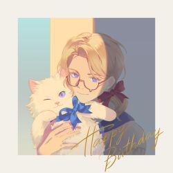 Rule 34 | 1boy, absurdres, animal, axis powers hetalia, blonde hair, bow, burtney, cat, facial hair, france (hetalia), goatee stubble, hair bow, happy birthday, highres, holding, holding animal, holding cat, looking at viewer, low ponytail, male focus, medium hair, ponytail, purple eyes, short ponytail, smile, solo, stubble, teardrop-framed glasses