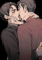 Rule 34 | 2boys, absurdres, avengers (series), back, bandaid, bandaid on face, black background, black hair, black jacket, brown eyes, collared jacket, dual persona, facial hair, fingernails, french kiss, hand around neck, hand around waist, hand on another&#039;s face, highres, iron man (2008), iron man (series), jacket, kiss, long sleeves, looking at another, male focus, marvel, marvel cinematic universe, multiple boys, red shirt, selfcest, shirt, short hair, simple background, suit jacket, sweatdrop, the avengers: earth&#039;s mightiest heroes!, thendsherly, tony stark, yaoi