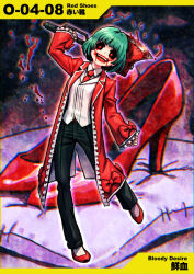 1girl axe belt_buckle black_eyes black_pants blood blood_on_axe blood_on_mouth blood_splatter blunt_bangs bow buckle check_gender clenched_hand coat coat_bow collared_coat collared_shirt collared_vest commentary_request crazy_smile denim e.g.o_(project_moon) employee_(project_moon) eyelashes fingernails frilled_coat frilled_sleeves frills full_body gender_request green_hair high_heels holding holding_axe jeans lobotomy_corporation long_hair long_sleeves meimaru_inuchiyo necktie nugget_(project_moon) numbered open_mouth pants partial_commentary pillow project_moon red_bow red_coat red_footwear red_necktie red_pupils sanguine_desire_(e.g.o) shirt short_hair sleeve_bow sleeves_past_wrists smile striped_clothes striped_vest teeth the_red_shoes_(project_moon) upper_teeth_only vertical-striped_clothes vertical-striped_vest vest white_shirt white_vest wide-eyed wide_sleeves