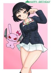 1girl absurdres amanone_yun birthday black_hair closed_mouth collarbone cowboy_shot english_text finger_to_face girls_und_panzer grey_eyes happy_birthday highres jacket long_sleeves looking_at_viewer military_uniform miniskirt ooarai_military_uniform pleated_skirt short_hair skirt smile solo standing utsugi_yuuki white_skirt