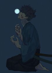 1boy absurdres black_hair black_hakama blood blood_from_mouth blood_on_clothes blood_on_face blood_on_hands blue_background blue_kimono buyaozaoqi command_spell fate/grand_order fate/samurai_remnant fate_(series) full_moon hakama hands_up highres japanese_clothes katana kimono male_focus miyamoto_iori_(fate) moon open_mouth profile seiza sitting solo sword topknot weapon