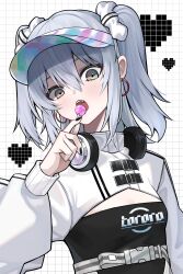 1girl absurdres aqua_eyes black_nails blush candy commentary cropped_jacket earrings fang food grey_hair hashtag-only_commentary headphones headphones_around_neck heart highres holding holding_candy holding_food holding_lollipop indie_virtual_youtuber jacket jewelry lollipop looking_at_viewer nekomugi_tororo open_mouth solo teeth two_side_up virtual_youtuber visor_cap white_background white_jacket ziu