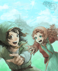 1boy 1girl aira_(dq7) black_eyes black_hair breasts brown_hair castle curly_hair dragon_quest dragon_quest_vii gabo green_eyes hat hero_(dq7) hood jewelry kiefer long_hair maribel_(dq7) open_mouth orange_hair pr_(puru) red_hair ring short_hair sir_mervyn smile teeth