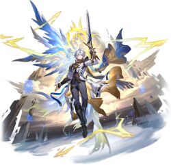 1boy antenna_hair aqua_eyes armor belt black_boots black_choker black_gloves black_pants blue_cape blue_wings boots cape character_name choker coat collared_coat copyright_name copyright_notice fingerless_gloves full_body game_cg gloves hair_between_eyes halo high_collar highres holding holding_sword holding_weapon honkai:_star_rail honkai_(series) long_sleeves male_focus non-web_source official_art pants parted_lips phainon_(honkai:_star_rail) short_hair shoulder_armor solo standing sword tassel transparent_background weapon white_hair wings yellow_halo