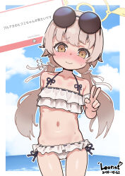 1girl absurdres arms_behind_back artist_name bikini blue_archive blush brown_eyes brown_hair cameltoe closed_mouth cowboy_shot dated eyewear_on_head flat_chest flying_sweatdrops halo halterneck hifumi_(blue_archive) hifumi_(swimsuit)_(blue_archive) highres leonat long_hair looking_at_viewer official_alternate_costume request_inset round_eyewear ruffle_bikini smile solo sunglasses swimsuit translation_request twintails v white_bikini yellow_halo